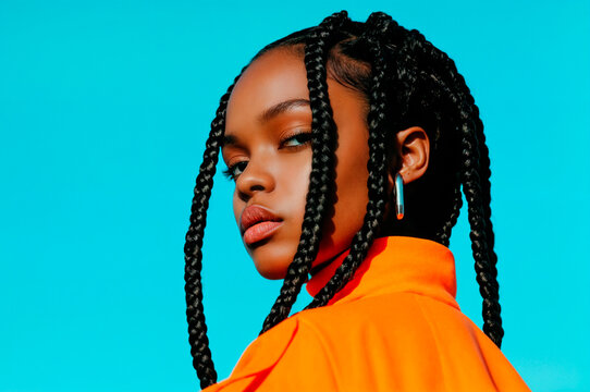 Black woman in hip-hop streetwear with long braids and vibrant orange jacket against a blue background.  .