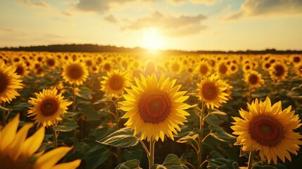 Obraz premium A family walking through a sunflower field during golden hour, stopping to take photos and admire the towering blooms. The vibrant flowers and warm light create a stunning and cheerful backdrop. 