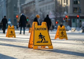 Yellow caution signs warning pedestrians for slippery icy street in winter city