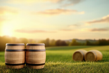 Two wooden barrels on green grass at sunset, creating rustic atmosphere. warm light enhances natural beauty of landscape, perfect for countryside setting