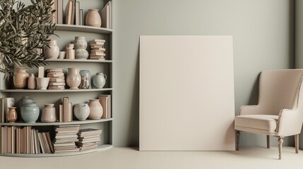 Cozy,living,area,curved,shelf,books,vases,olive,tree,blank,art,mount,the,floor.