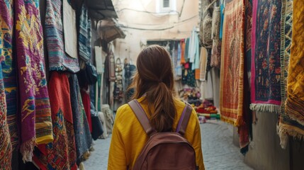A female traveler walks through a narrow market alley in Morocco, surrounded by colorful traditional textiles and crafts, soaking in the lively atmosphere and local culture