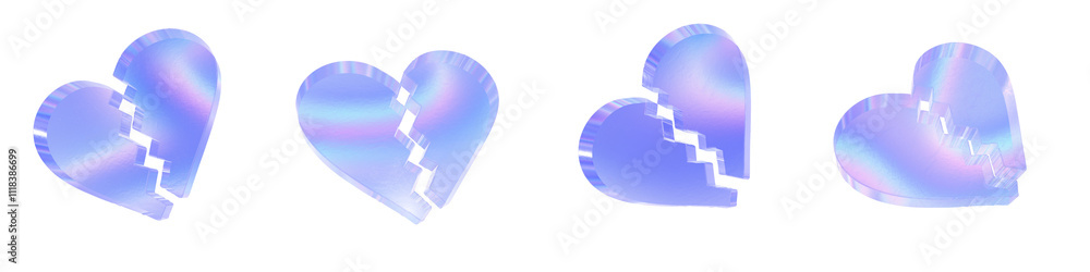 Poster set of 4 3d glass broken heart shape with aberration effect isolated on a transparent background. bl