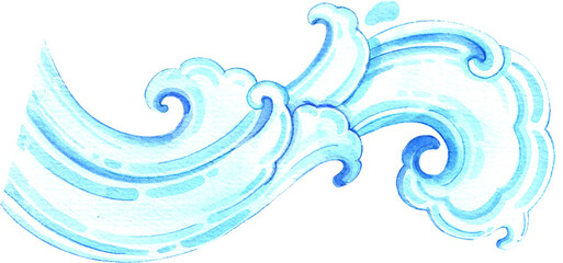 Hand-drawn Thai Style Water Wave Design Watercolor