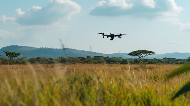 Professional drone capturing aerial footage of vast savanna landscape, showcasing innovative production techniques in natural environment with hills and acacia trees under a cloudy sky