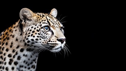 Obraz premium Majestic Leopard Gaze: A captivating close-up of a leopard's profile against a dramatic black backdrop. Its piercing blue eyes and intricate spots command attention. 