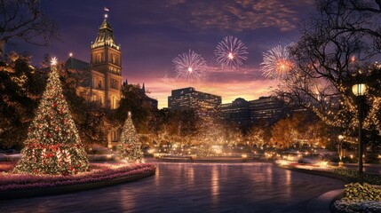 A silent urban square with glowing high-rises and distant fireworks barely lighting the New Years night.