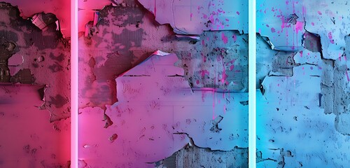 Old wall with decayed paint and textured plaster, highlighted by neon pink and blue decor for an edgy artistic effect.