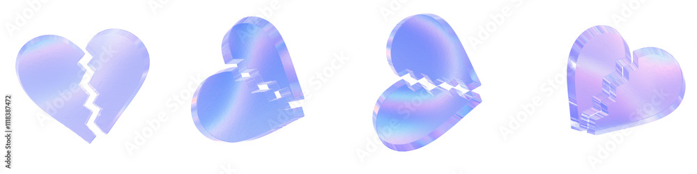 Poster set of 4 3d glass broken heart shape with aberration effect isolated on a transparent background. bl