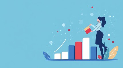 Obraz premium Businesswoman nurturing growth, climbing bar graph, symbolizing success and development.