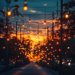 A tranquil street illuminated by warm lights at sunset, creating a cozy atmosphere.