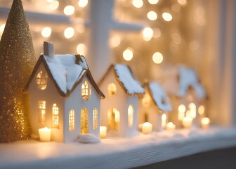 cozy scene of little white houses with warm gold lights glowing softly near a window, creating a peaceful and festive atmosphere, perfect for the holiday