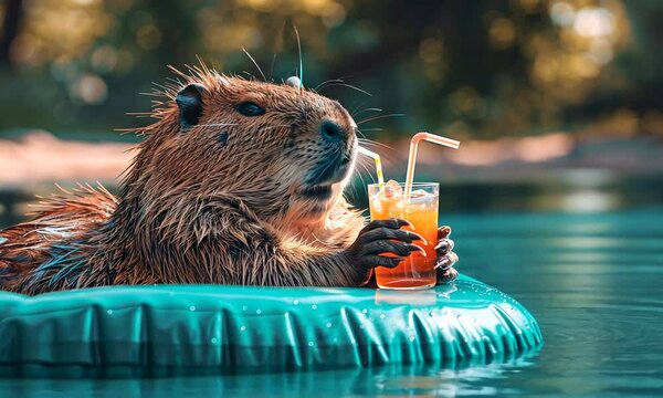 Cute beaver enjoying a drink while relaxing in a pool