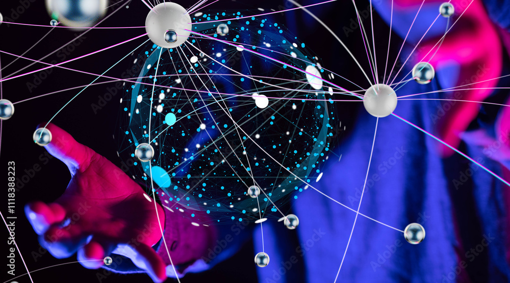 Aufkleber network holding in hand 3d connection data.
