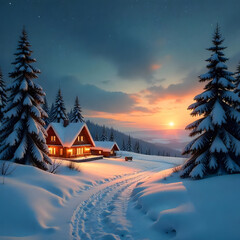 Fototapeta premium winter landscape with house and mountains