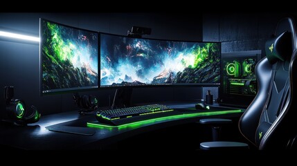 Modern gaming setup with triple monitors, keyboard, mouse, headset, and chair.