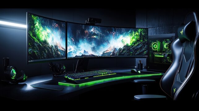 Modern gaming setup with triple monitors, keyboard, mouse, headset, and chair. - Powered by Adobe