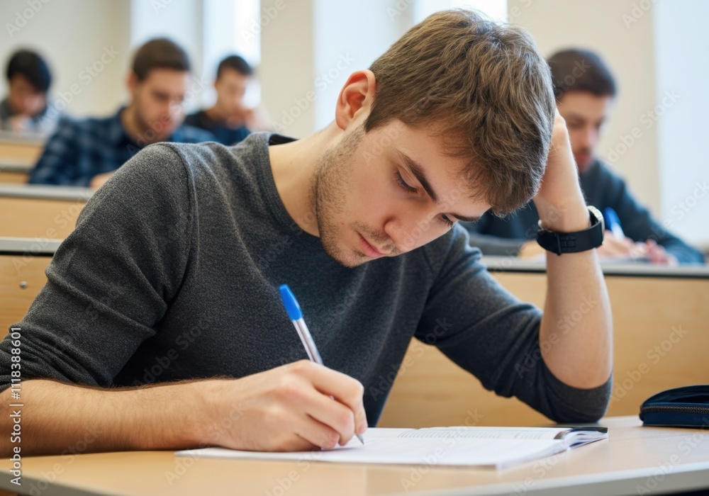 Poster concentrated student writing notes during lecture in university classroom
