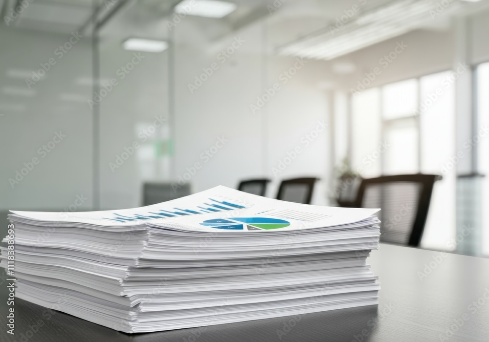Aufkleber stack of paper documents with charts and graphs lying on a desk in a blurred office background, repr