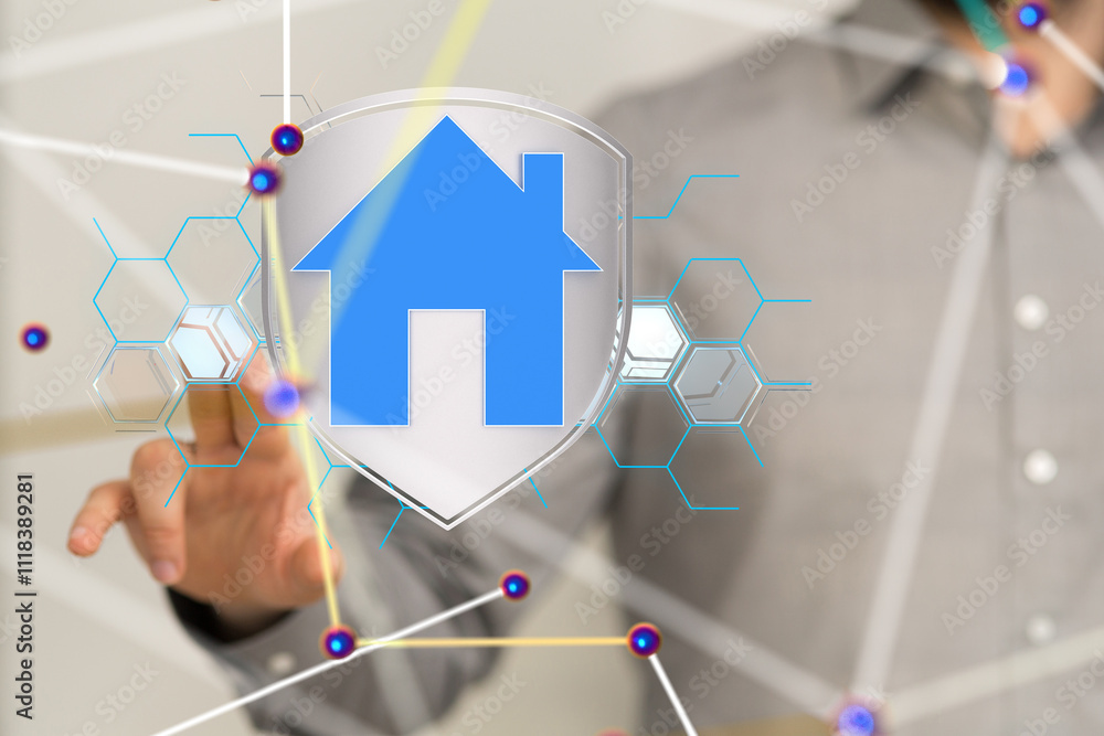 Poster home iot - neural network 3d illustration. big data and cybersecurity