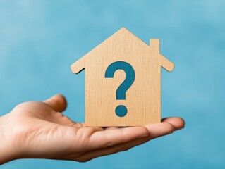 Naklejka premium Hand holding a wooden house symbol with a question mark.