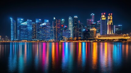 Naklejka premium Nighttime Skyline Reflecting in Calm Water