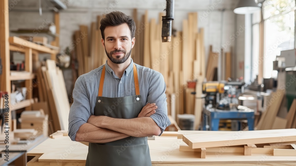 Poster woodworker in a workshop showcases craftsmanship with various tools and materials present in the bac