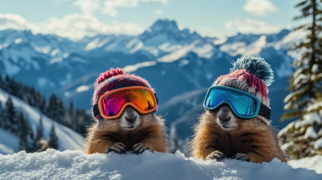 Two marmots wearing ski goggles in a snowy landscape