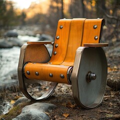A unique wooden chair with metal accents placed by a serene stream in a natural setting.