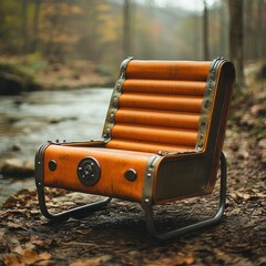 A unique, vintage-style chair placed by a serene stream in a forest setting.