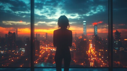Fototapeta premium Woman silhouetted against a vibrant cityscape at sunset, viewed from a high-rise window.