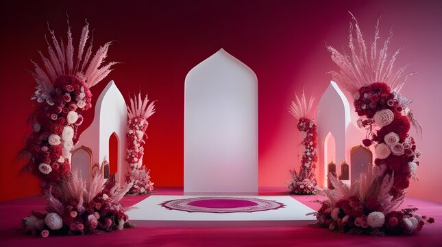 A surreal and vibrant cinematic grapic of Milad Un Nabi against a serene  pink and white background