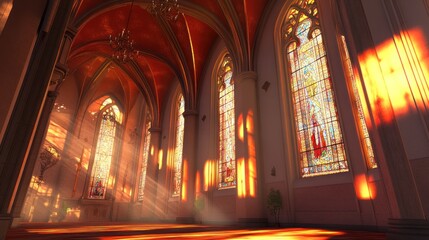 Naklejka premium Sunlight Streams Through Stained Glass In Gothic Cathedral