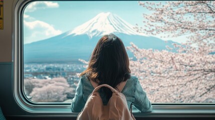 Sitting by the train window, a solo traveler gazes at the stunning Mount Fuji, framed by pink cherry blossoms, experiencing the serene beauty of spring in Japan