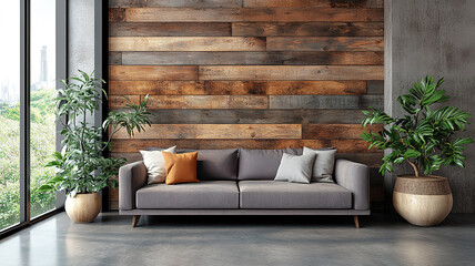 Stylish minimalist interior design with barn wood paneling wall in a modern loft living room