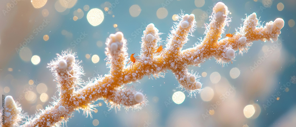 Poster vibrant coral reef branch adorned with tiny shrimp, showcasing intricate details and sparkling bokeh