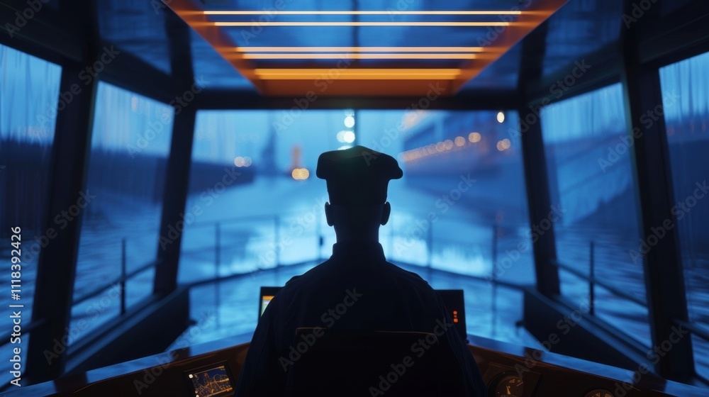 Poster a ship captain on the bridge of a megaship navigating through narrow channels and showcasing the cha