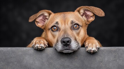 Obraz premium Curious Canine: A playful brown dog with big, expressive eyes peeks over a gray surface, captured in a captivating portrait that evokes curiosity and warmth. 