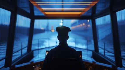 A ship captain on the bridge of a megaship navigating through narrow channels and showcasing the challenges of handling these mive vessels.
