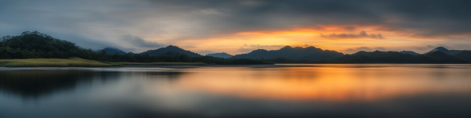 Obraz premium Serene sunset over a tranquil lake, mountains silhouetted against the fiery sky. A peaceful landscape.