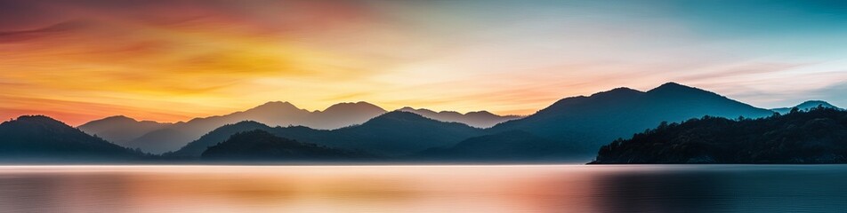 Fototapeta premium Serene sunset over tranquil lake and mountains. Warm hues paint the sky.