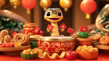 Obraz premium Adorable cartoon snake playing drums, surrounded by red envelopes, lanterns, and traditional New Year foods.