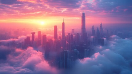Sunrise over a misty city skyline with skyscrapers.