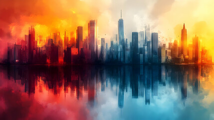 Fototapeta premium Cityscape Illustration with Red and Blue Skies