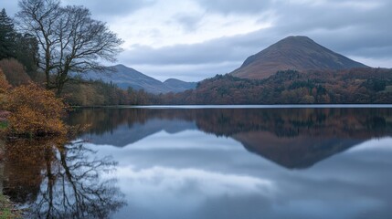 Fototapeta premium Calm Lake Reflecting Autumnal Mountains and Trees