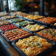 A variety of pasta dishes arranged in trays, showcasing diverse flavors and styles.
