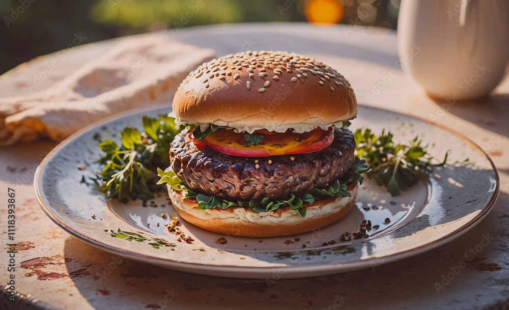 Poster a hamburger with lettuce and tomato on a white plate. the burger is sitting on a table