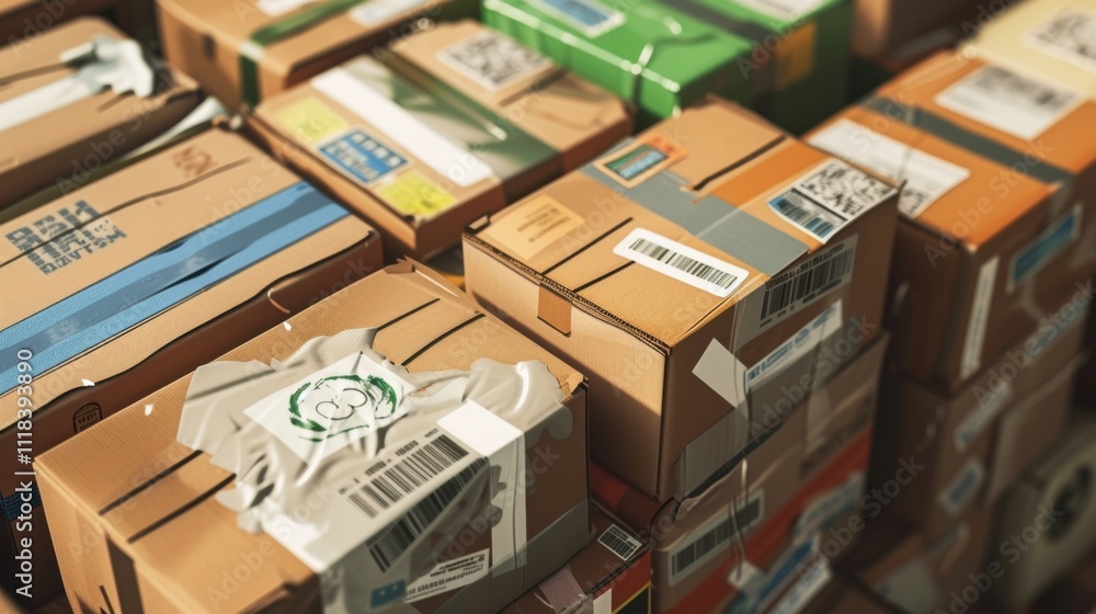 Poster cardboard boxes with barcodes and shipping labels stacked in a warehouse, representing efficient log