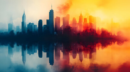 Abstract Cityscape With Reflection in Water Illustration