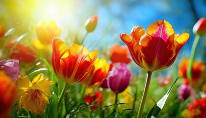 Obraz premium Vibrant Spring Tulips in Bloom. Burst of Colorful Flowers for Celebrating Easter, Mother's Day, Women's Day, and Valentine's Day. Symbolizing Renewal, Love, and Joyful Beginnings in Nature's Glory